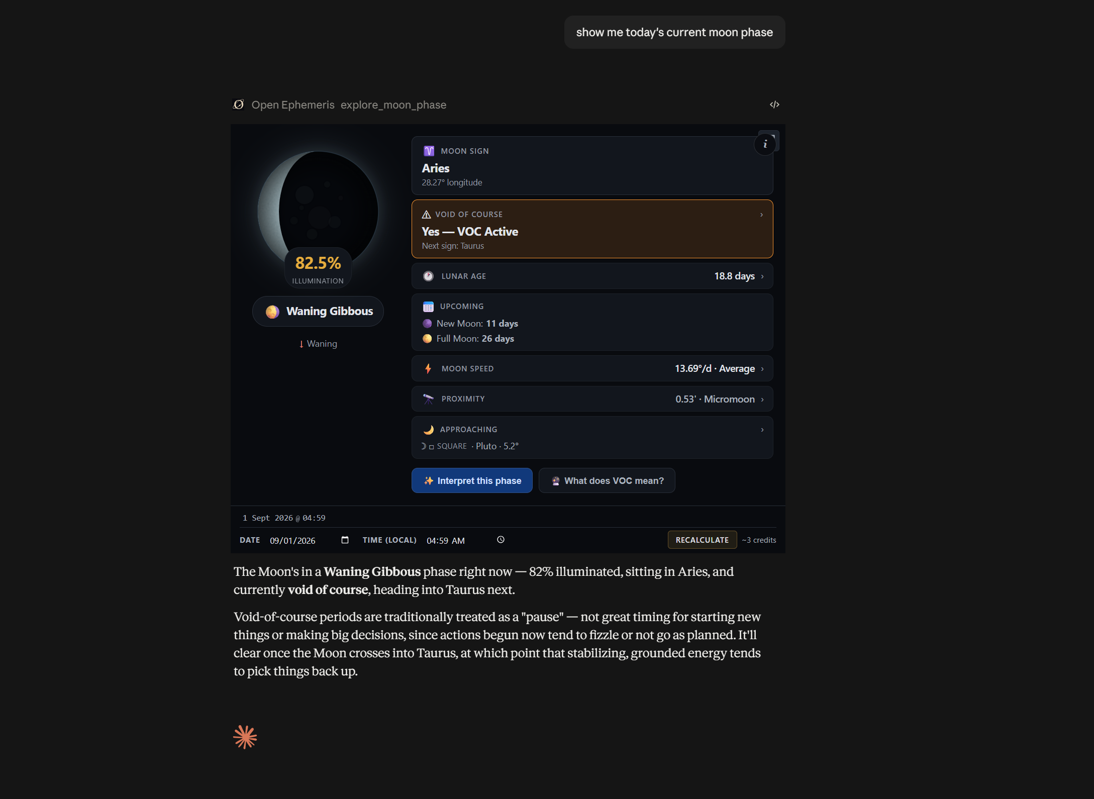 explore_moon_phase as a live dial — illumination, void-of-course status, and the countdown to the next new and full moon.