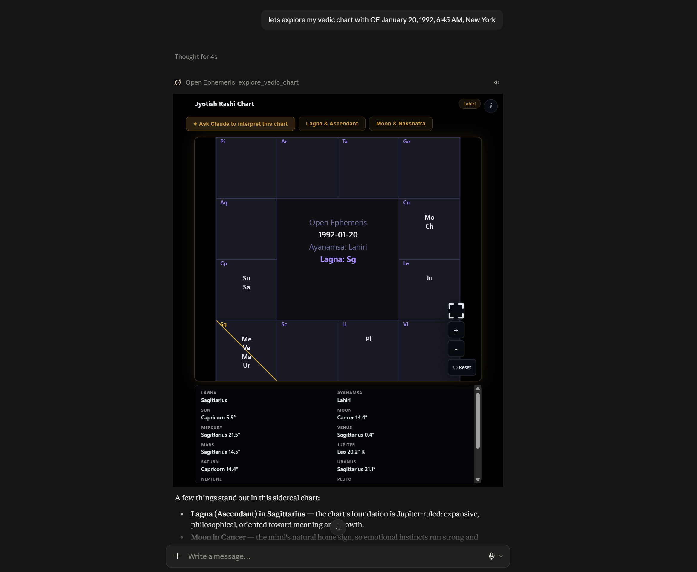 explore_vedic_chart renders a Lahiri-ayanamsa Rashi chart with quick-action buttons for the Lagna and the Moon's nakshatra.